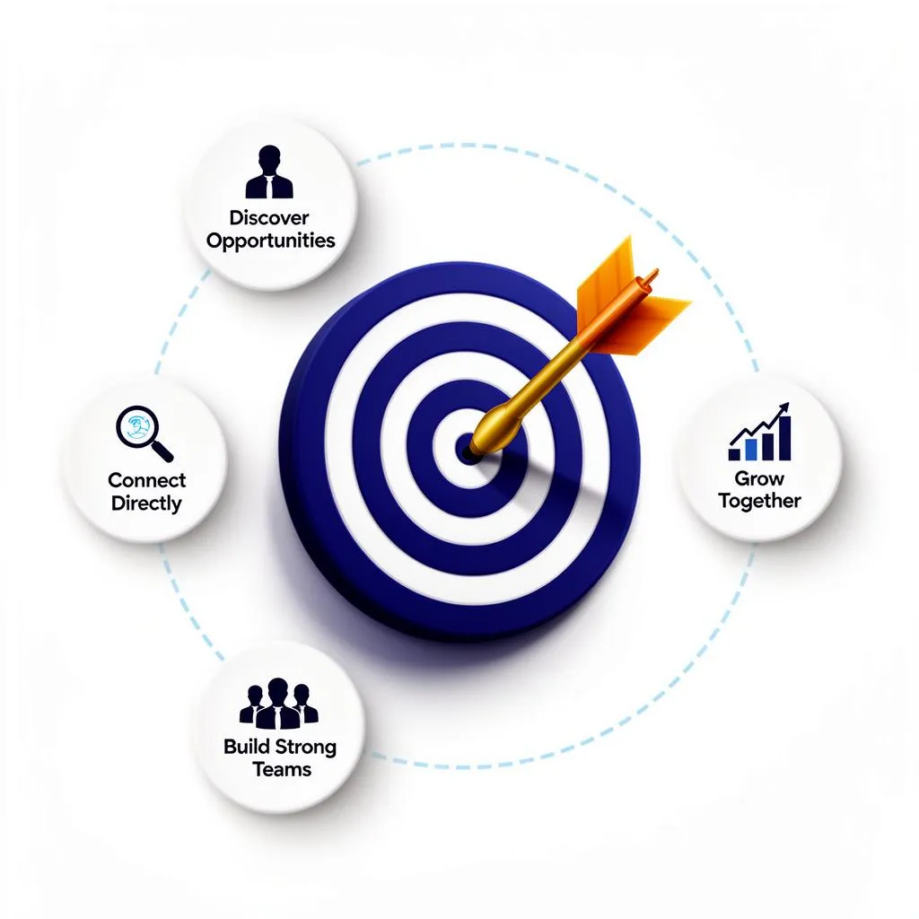 Target board surrounded by mission pillars — discover, connect, build, grow